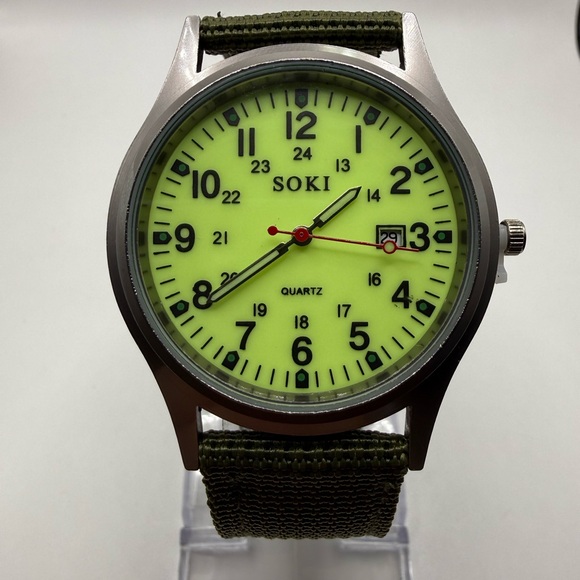 New Soki Canvas Green Belt, Military Watch, Date Display, Men's (New Battery) - Picture 3 of 9